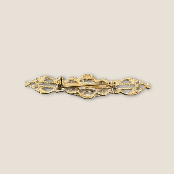 Vintage Gold-Tone Filigree Bar Pin Brooch With Faux Pearl Accents - Picture 3 of 3